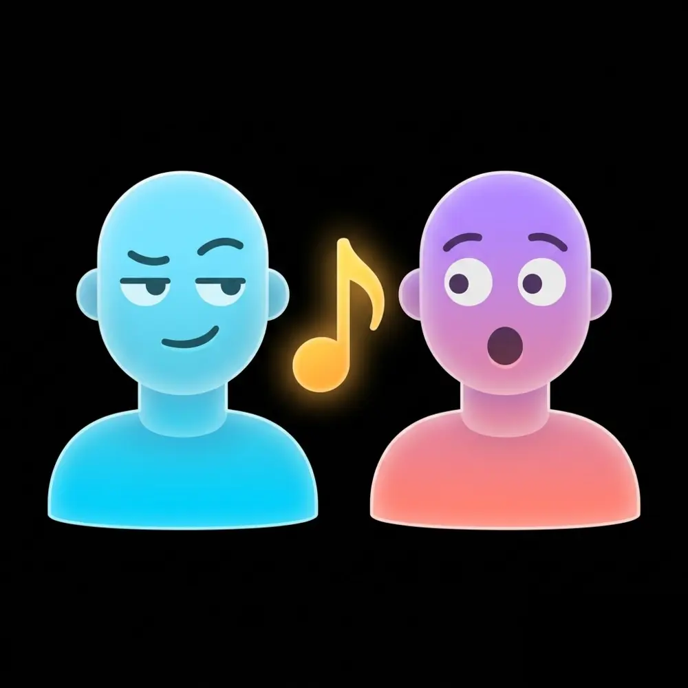 One friend grinning slyly, the other caught mid-surprise, a glowing gold music note passing between them.