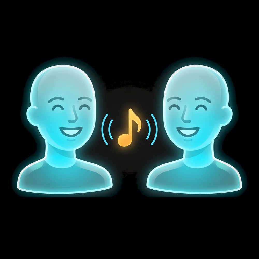 Two friends grinning, a glowing gold music note bouncing between them.